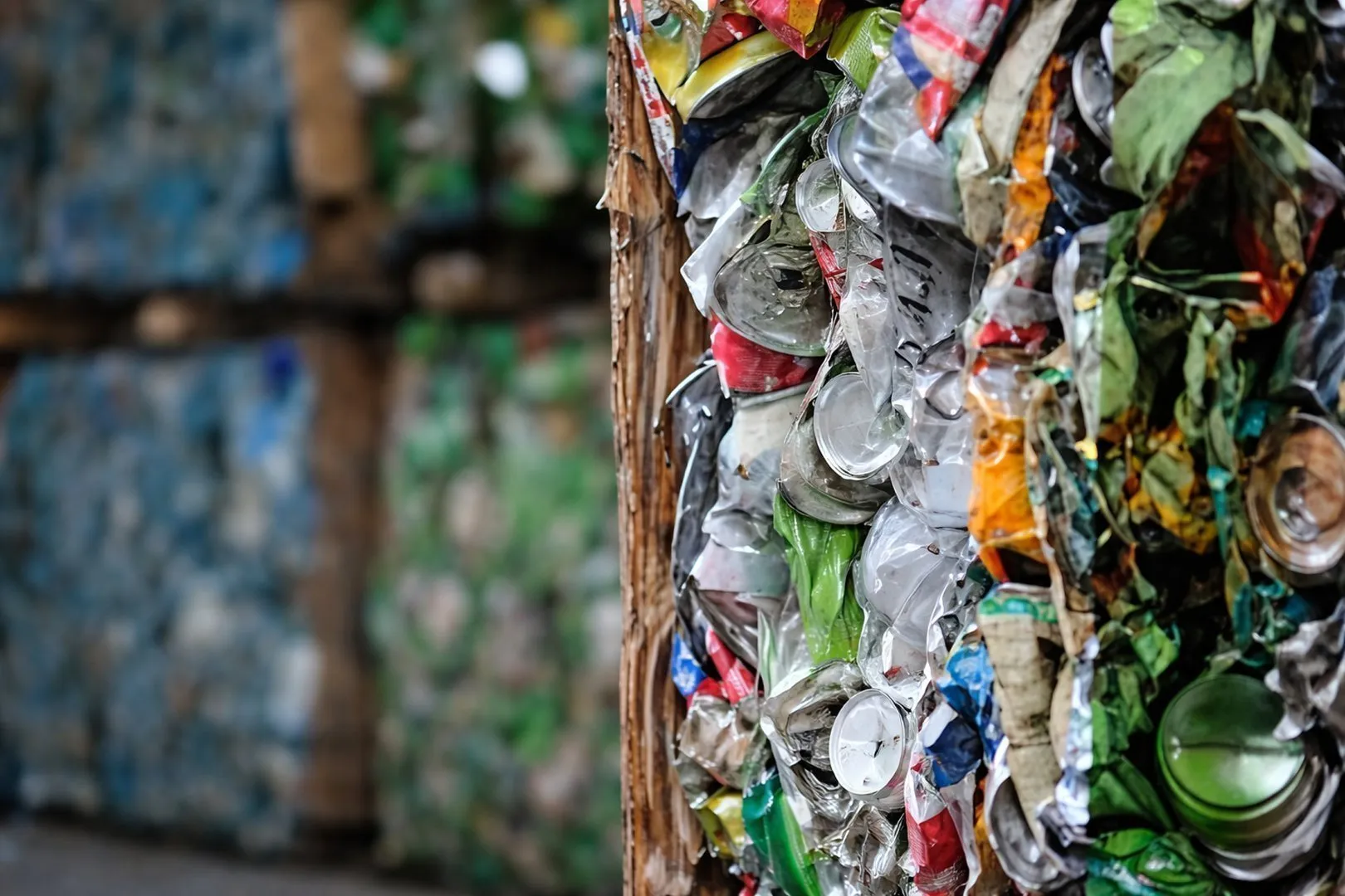 Compressed bales of mixed recyclable materials including plastic bottles and aluminum cans.