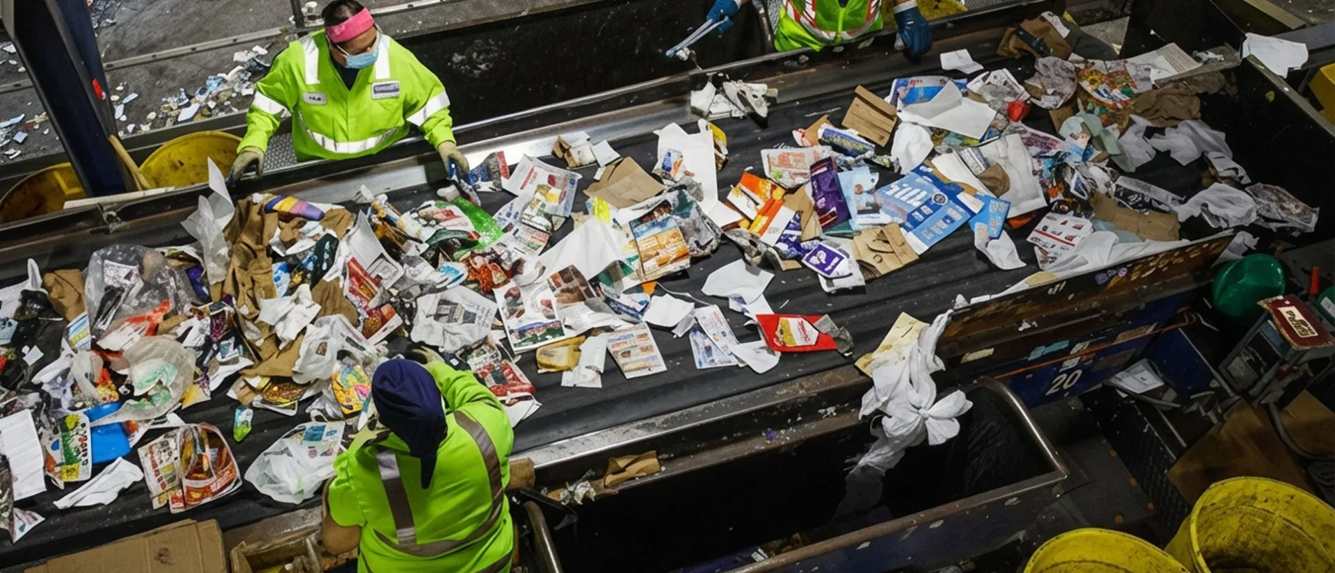 Two Casella workers sorting recycling waste on a conveyor belt.