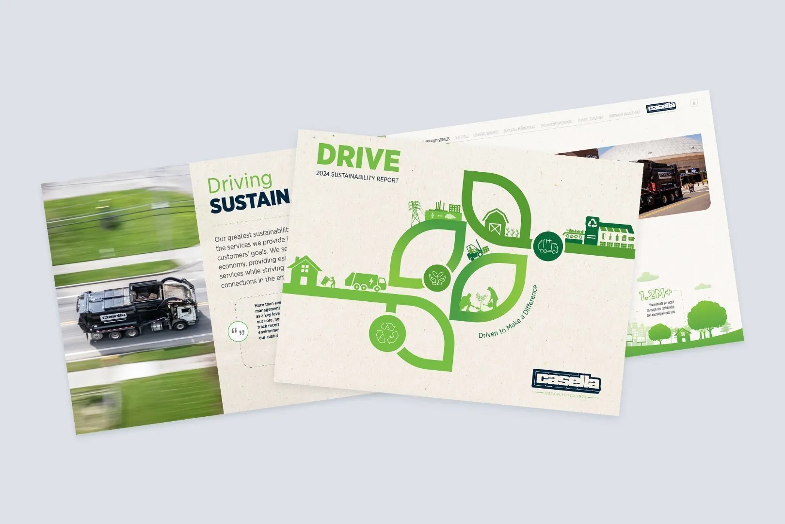 Two open Casella sustainability reports displayed on a light gray surface. One report features green graphics with the headline “DRIVE, Your Sustainability” and icons representing recycling, transportation, and community. The other report shows images of trucks in motion and text about driving sustainability initiatives.