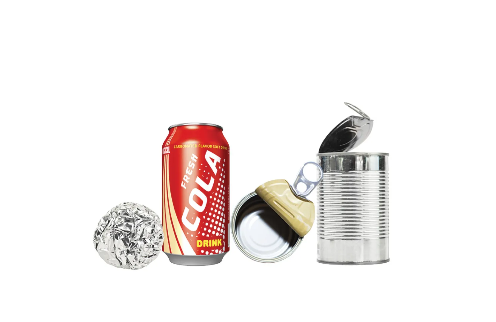 Assortment of recyclable metal items arranged on a white background, including a crumpled ball of aluminum foil, a red soda can labeled “Fresh Cola,” an opened tin can with a pull-tab lid, and another upright tin can with its lid partially open. 