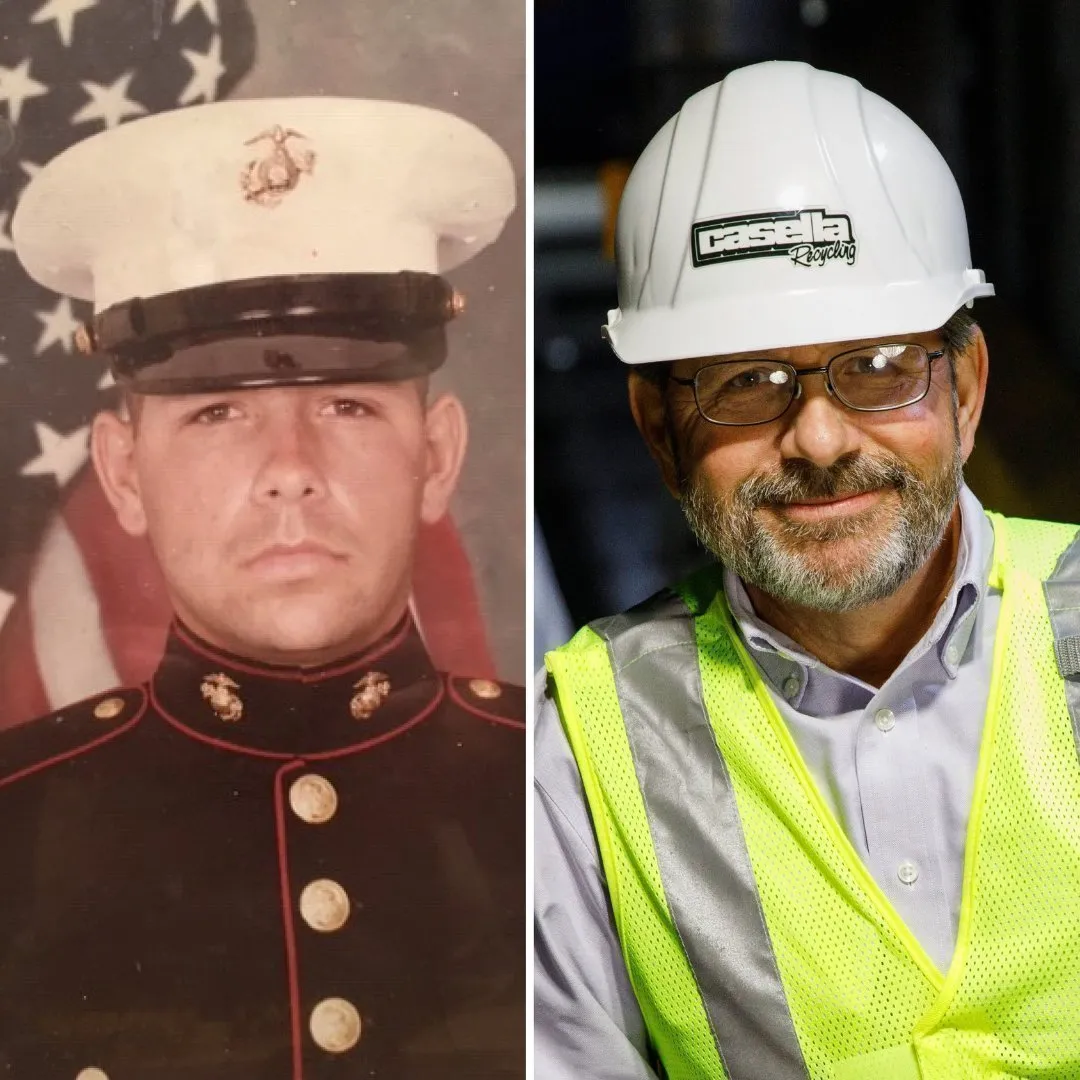 Side-by-side comparison showing a person in a formal military dress uniform with an American flag backdrop on the left and the same individual wearing a white hard hat with Casella logo and a high-visibility safety vest on the right.