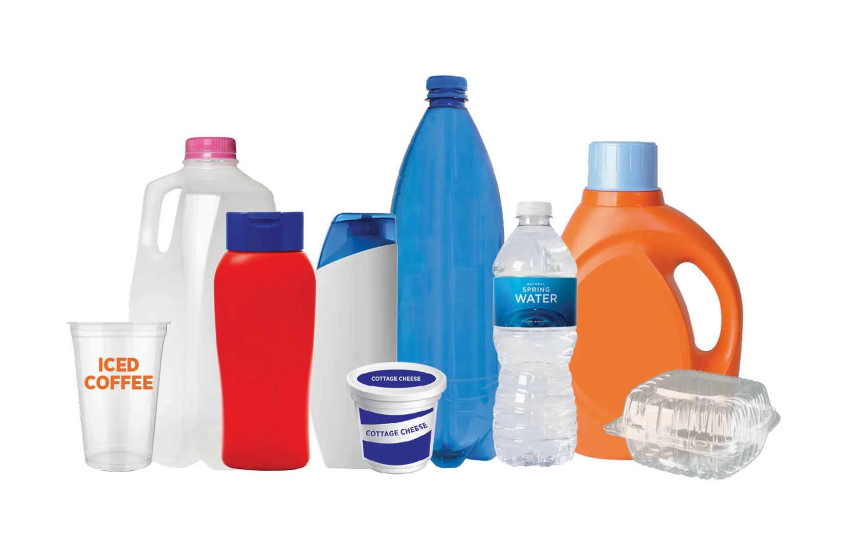 Assortment of recyclable plastic containers arranged on a white background, including a clear iced coffee cup, a white milk jug with pink cap, a red bottle, a blue-and-white shampoo bottle, a large blue water bottle, a clear plastic water bottle, an orange detergent bottle with blue cap, two cottage cheese tubs, and a clear clamshell food container. 
