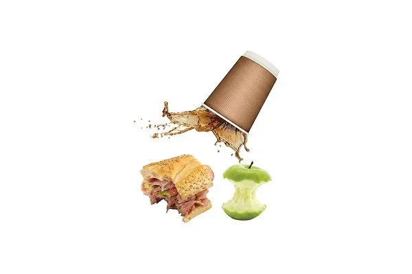 Brown disposable coffee cup spilling liquid, a partially eaten sandwich, and a green apple core arranged together with a red prohibition symbol over them, indicating that food waste and liquids are not allowed in recycling bins. 