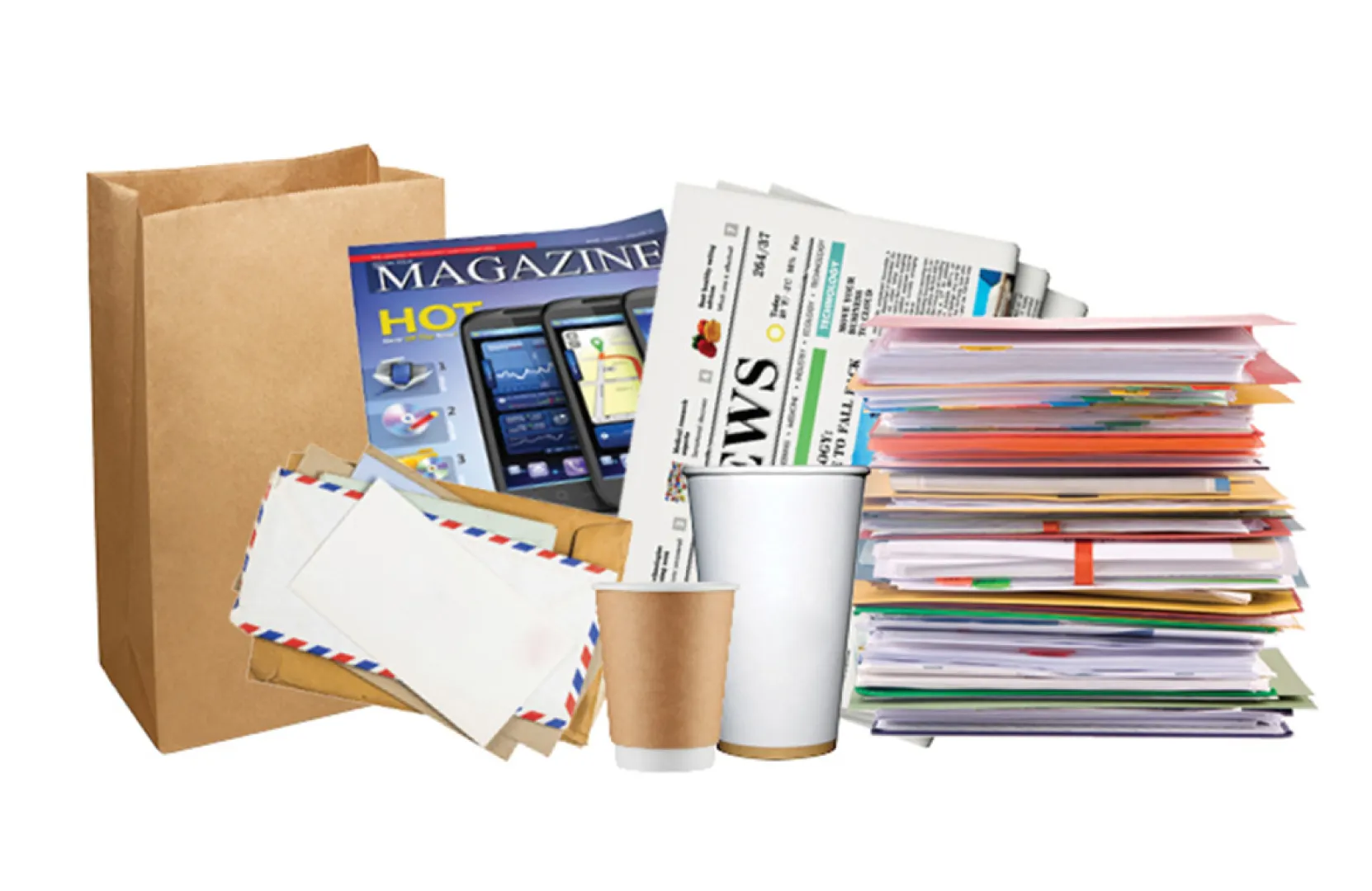 Collection of recyclable paper items including a brown paper bag, assorted envelopes, a magazine, a newspaper, two paper cups, and a stacked bundle of mixed office paper arranged on a white background. 