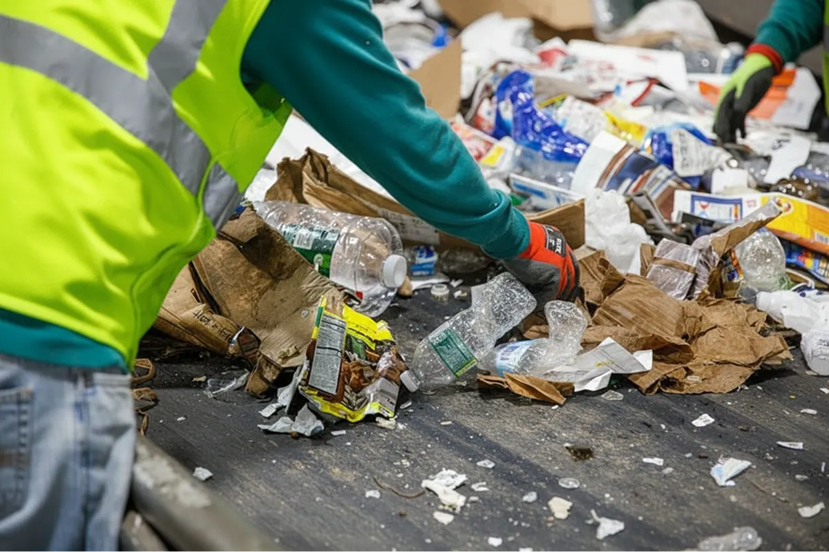 Workers in safety vests sorting recyclables on a conveyor belt at a Casella recycling facility, demonstrating efficient material recovery.