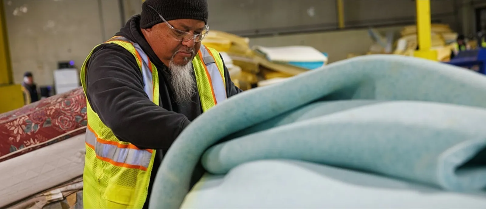 Worker in safety gear handling large foam materials and mattresses at a recycling facility, demonstrating Casella’s commitment to responsible material recovery.