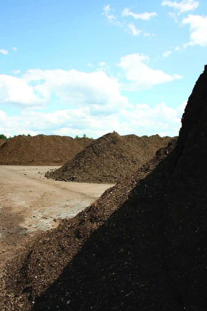 Large piles of processed mulch or compost material at an outdoor facility, with a wide open yard and a partly cloudy blue sky overhead.