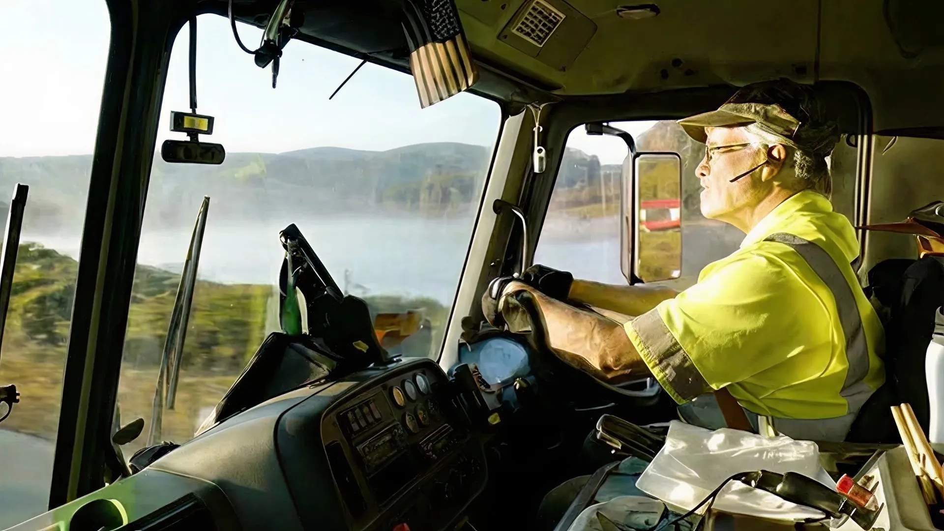 Casella truck driver operating a waste collection vehicle with a landscape visible through the windshield.