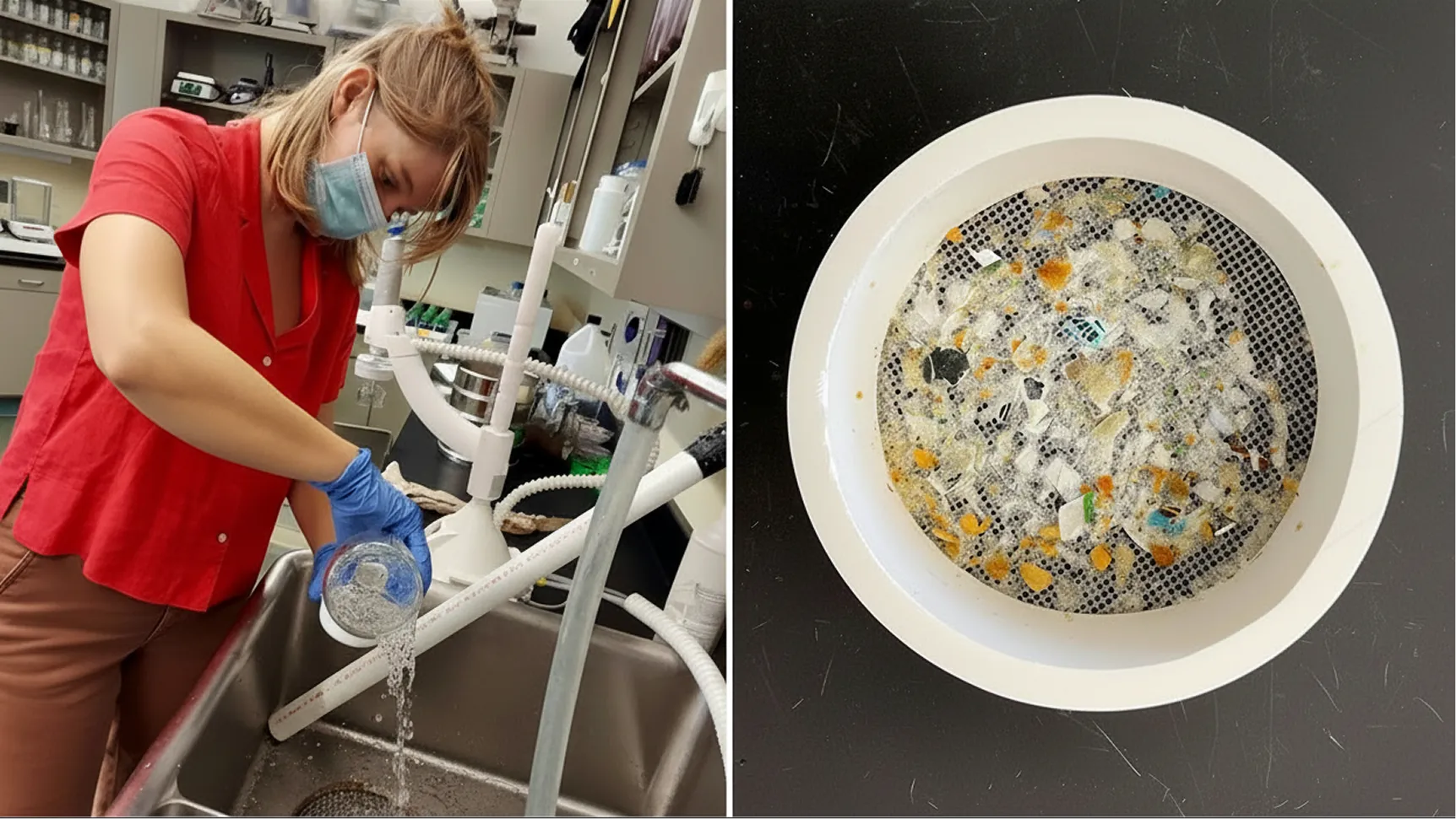 Scientist pouring a liquid sample in a lab and filtering microplastic debris.