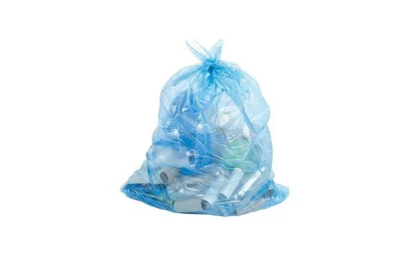 Translucent, blue-tinted garbage bag filled with recyclables with a red prohibition symbol over it, indicating that bagged recyclables are not allowed for recycling. 