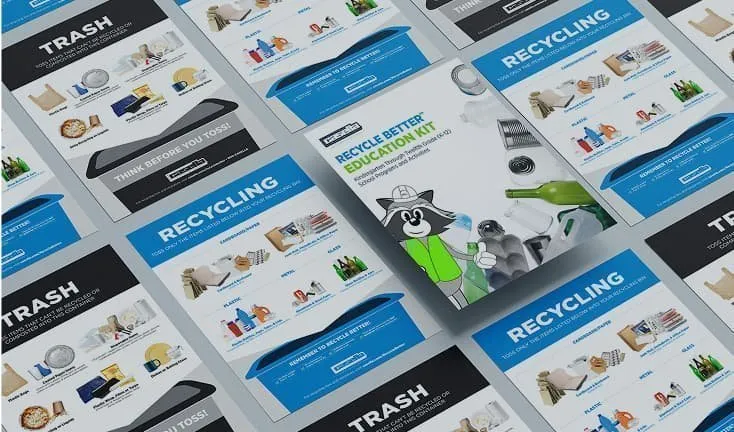 Collection of educational recycling and trash sorting posters arranged in a grid, featuring Casella’s “Recycle Better Education Kit” with illustrated mascot and examples of recyclable and non-recyclable items.