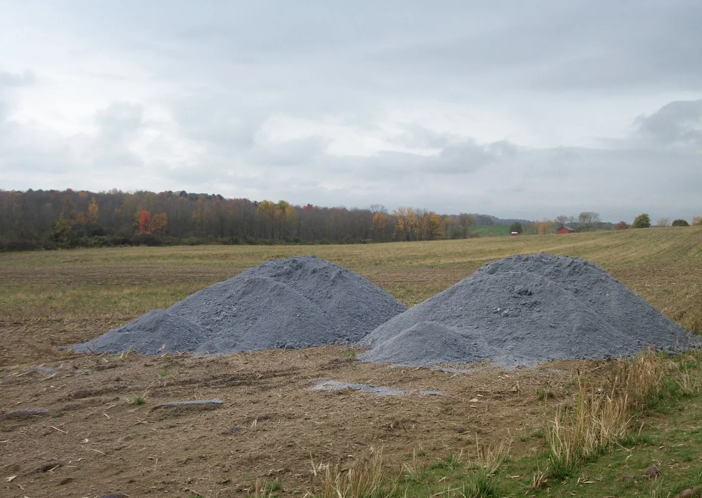 Two piles of gray lime or soil amendment sitting in a harvested agricultural field, with a tree line showing early fall foliage under an overcast sky.