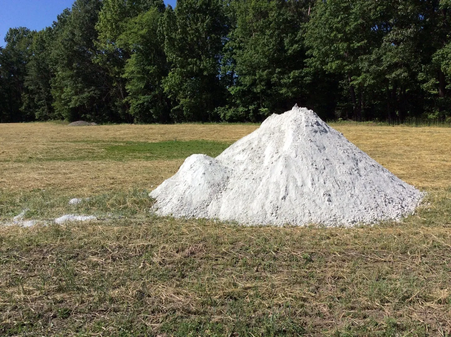 Large white pile of powdery material sitting in a grassy, recently mowed field with a dense line of green trees in the background under a clear blue sky.