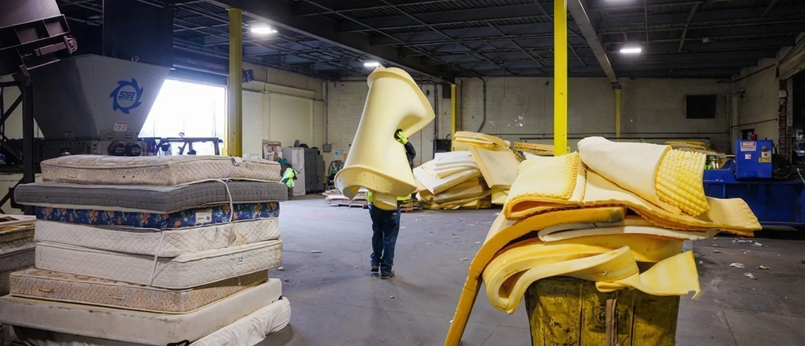 Worker carrying a large foam piece through a mattress‑recycling facility, surrounded by used mattresses and other foam materials. 