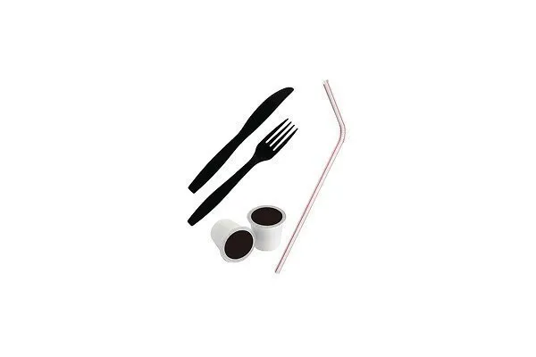 Plastic utensils including a black fork and knife, two small white condiment cups, and a red-striped plastic straw arranged together with a red prohibition symbol over them, indicating these items are not allowed for recycling or disposal in standard collection bins. 