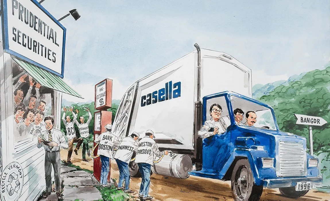 Casella truck parked near a Prudential Securities building in Bangor, surrounded by individuals representing financial partners such as Bank Boston, Kemper, and Weston