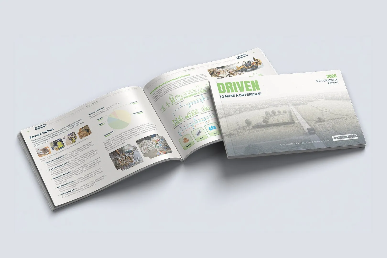 Casella 2026 Sustainability Report shown open to pages highlighting resource solutions and resource recovery